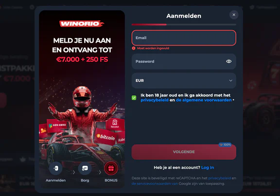 Account registreren en inloggen bij Winorio Casino